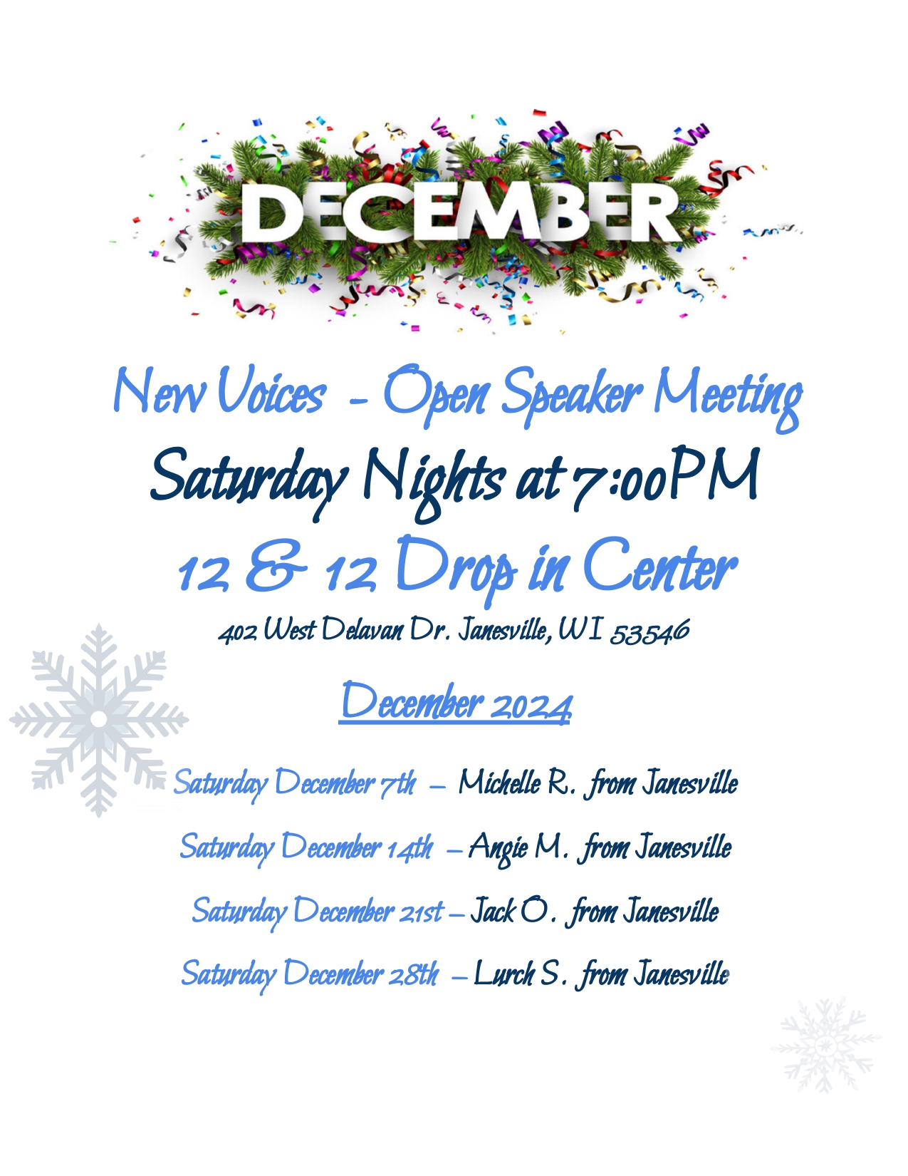 New Voices Speaker Meeting Schedule December 2024